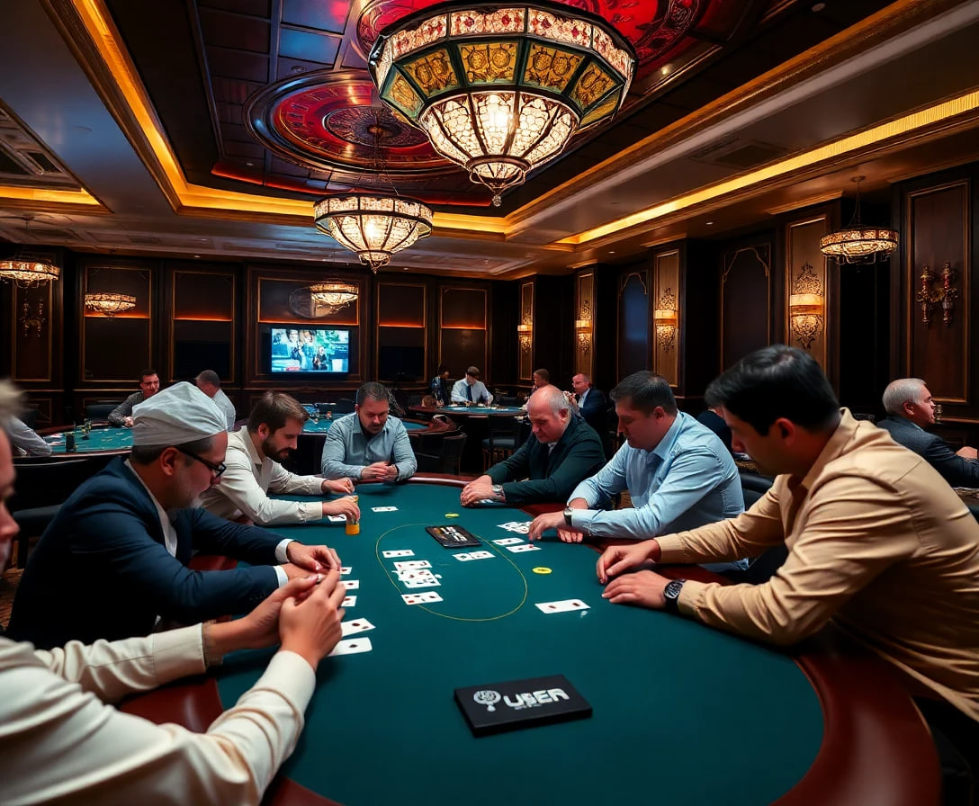 Luxurious poker room with players at tables